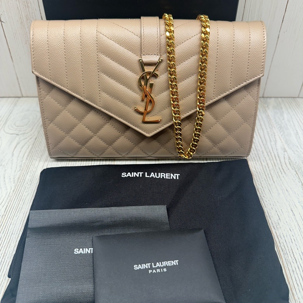 YSL Beige Quilted Leather Envelope Chain Crossbody/Clutch